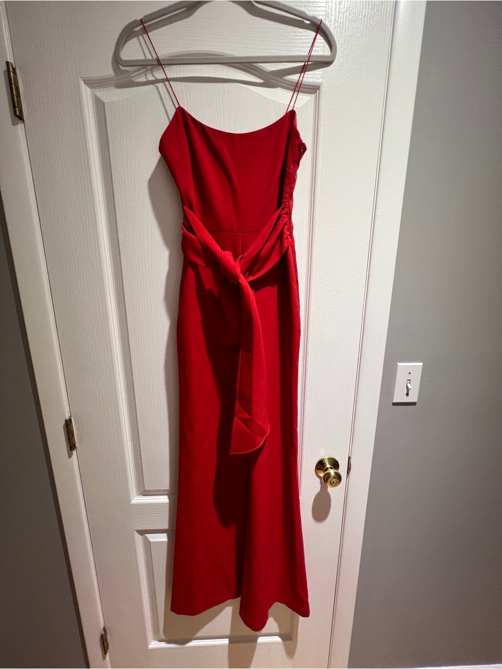 Likely Red Spaghetti-Strap Jumpsuit with Waist Tie, 0